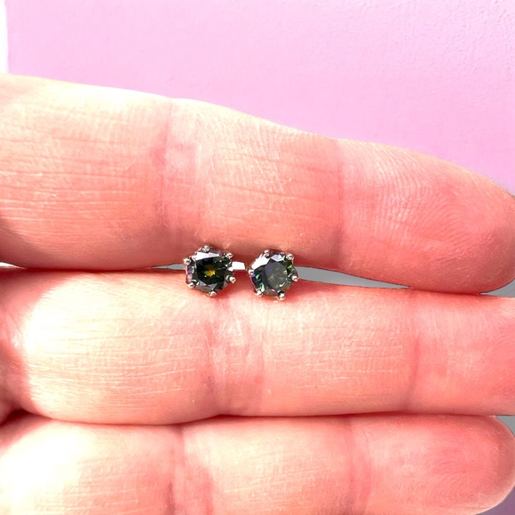 Dark Green Moissanite Stud Earrings in Sterling Silver 925  , Top Grade VVS - Picture 5 of 7